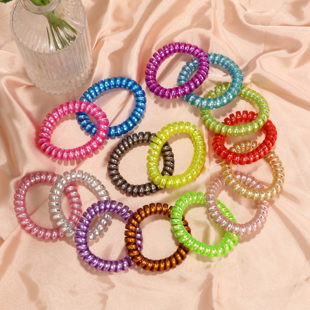 15pcs/set Korea Fashion Aksesoris Rambut Gaya Sederhana Emas Pink Pasir Terang Kabel Telepon Rambut Cincin Besar Plastik Ikat Kepala Perhiasan Gadis Seksi