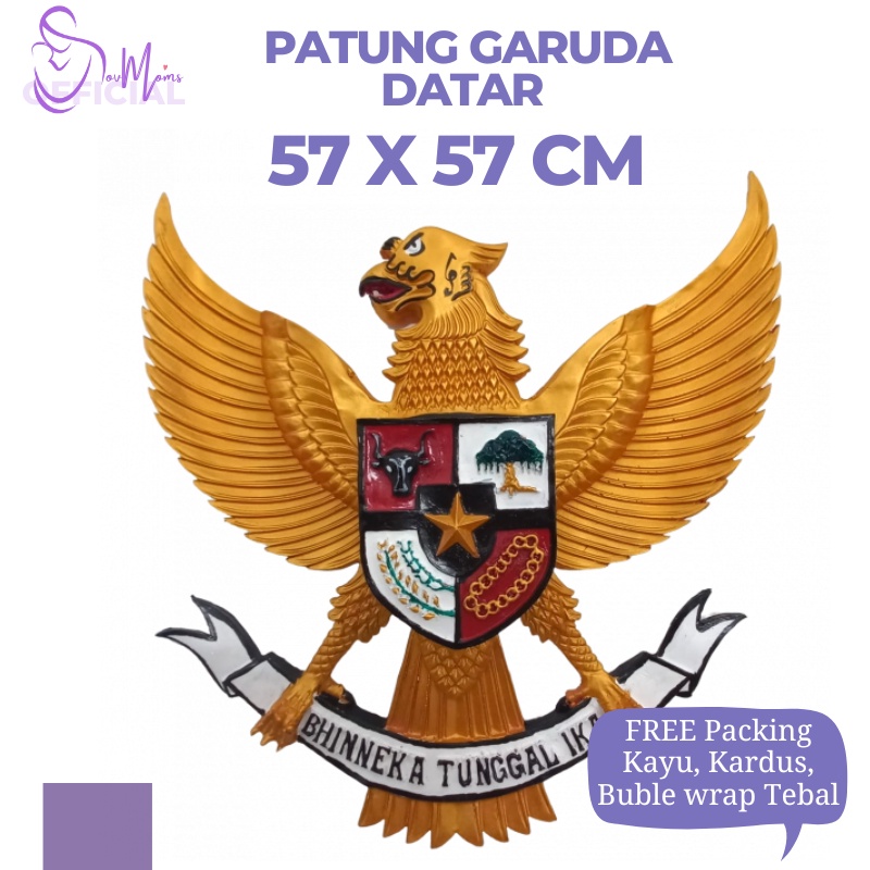 Hiasan Panjangan Dinding Logo Garuda Pancasila Indonesia Fiber Premium Besar Ukuran 57X57 CM Datar Ukir Patung Replika Lambang Negara Indonesia Burung Garuda Pancasila Fiber Ukir Gold 3D 3 Dimensi Perlengkapan Dekorasi Kantor Sekolah Kelas Rumah Termurah