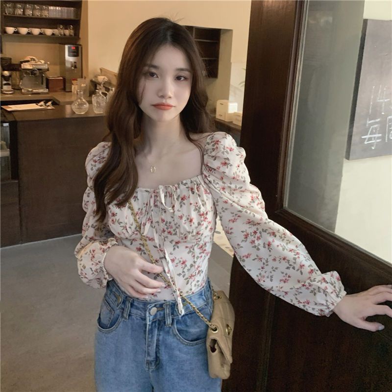 Red French square collar floral long-sleeve shirt women s autumn unique chic top slim fit short design niche shirt