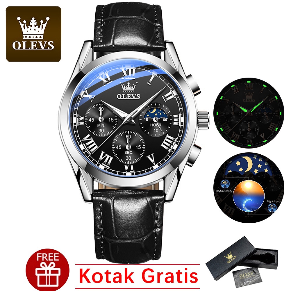 OLEVS Jam Tangan Pria Original Anti Air Kulit Tahan Keren Luxury Chronograph Watch Men Multifungsi Hitam Coklat Cod