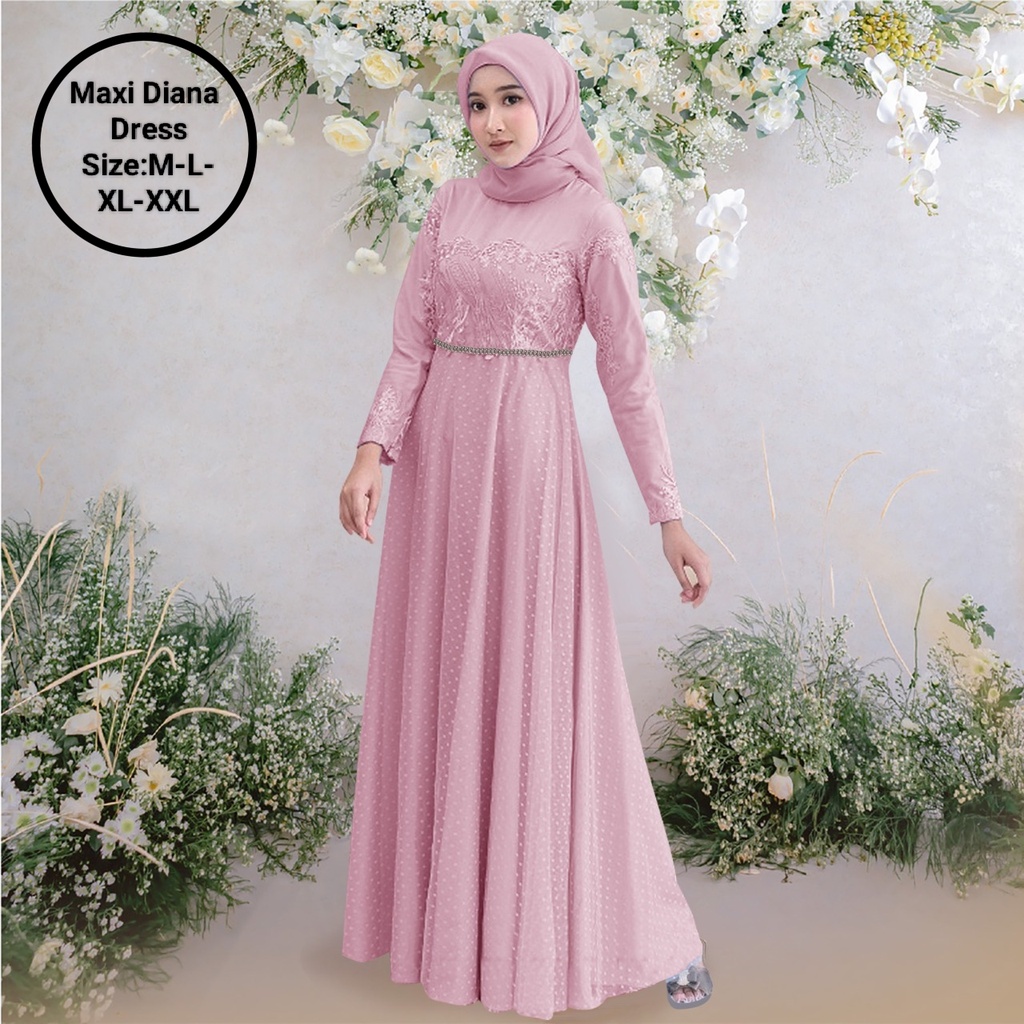 Pakaian Gamis Wanita Busui Model Terbaru Kekinian/Maxi Diana Dress 4 Size M-L-XL-XXL Matt Moscrepe Mix Brokat Mutiara Dan Tille Onde/Dress Kondangan/Dress Elegant