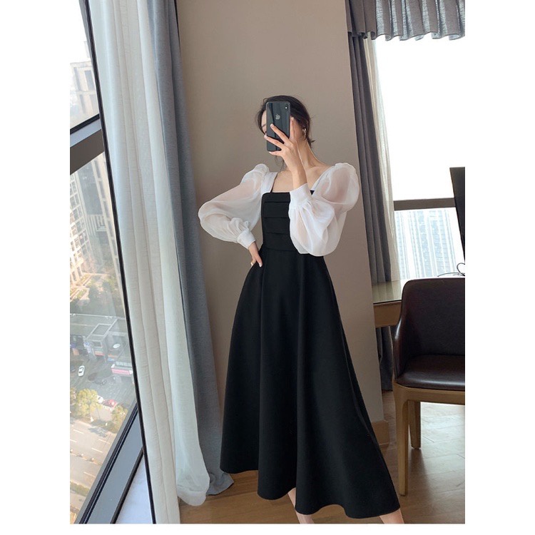 Toply shop Dres  Long Dres korean style lengan ceruty / Dres wanita bahan crinkle airflow / Long  sleeve midi lengan panjang