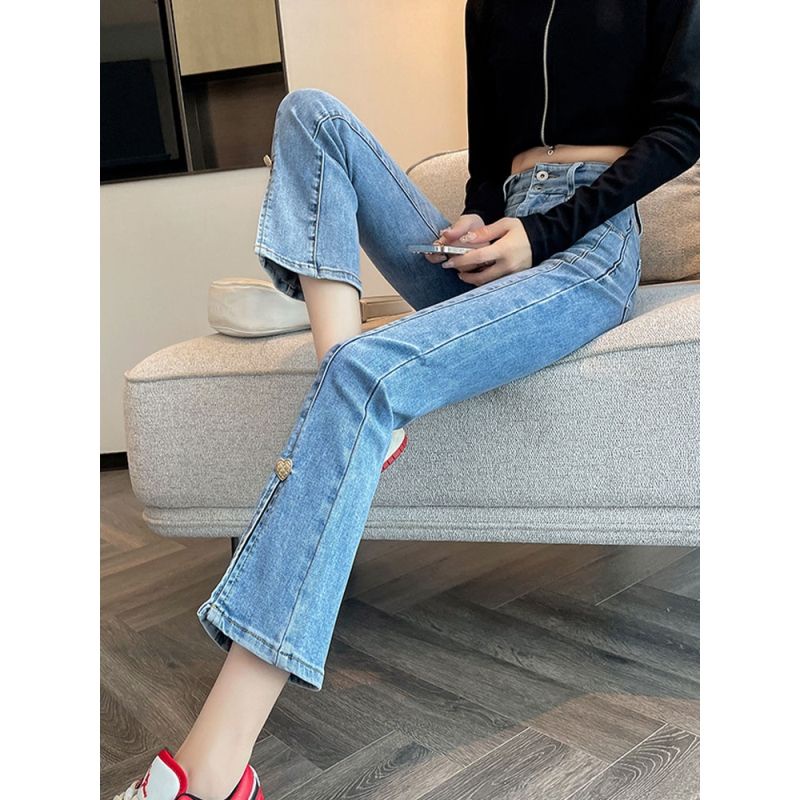 Red Musim semi dan musim gugur biru abu-abu elastis micro flared jeans wanita celah baru pinggang tinggi ramping delapan atau sembilan poin longgar versi Korea all-match