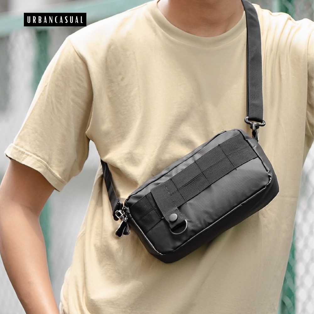 Tas Selempang Slempang Sling Bag Pria Original Distro Waistbag Cowok Keren Kekinian Elegan Casual Waterproof Anti Sobek Tahan Air Tas Dompet HP Handphone Card Kartu Slot Earphone Head Set Headset Side Pocket Dion