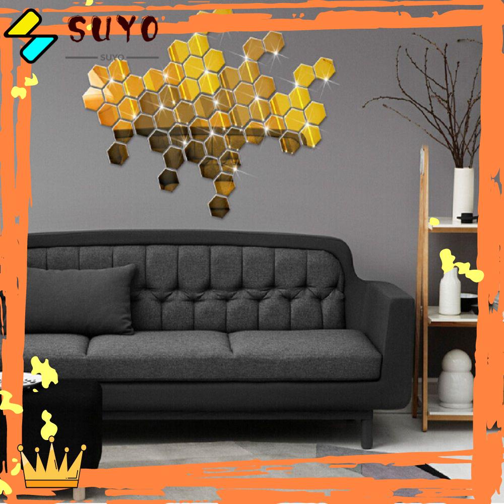 Suyo 6/12Pcs Cermin Stiker Dinding Removable 3D Art Geometric Hexagon