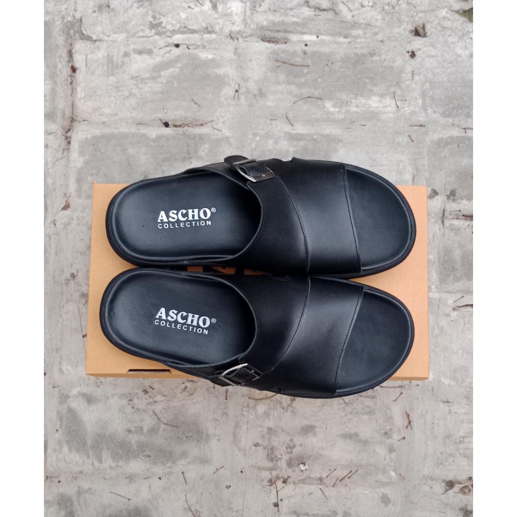 terbaru sandal kulit asli black ascho a26
