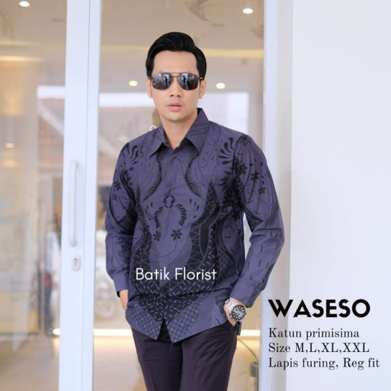 Waseso Kemeja Batik Panjang Hitam Blue Sof Ori Florist