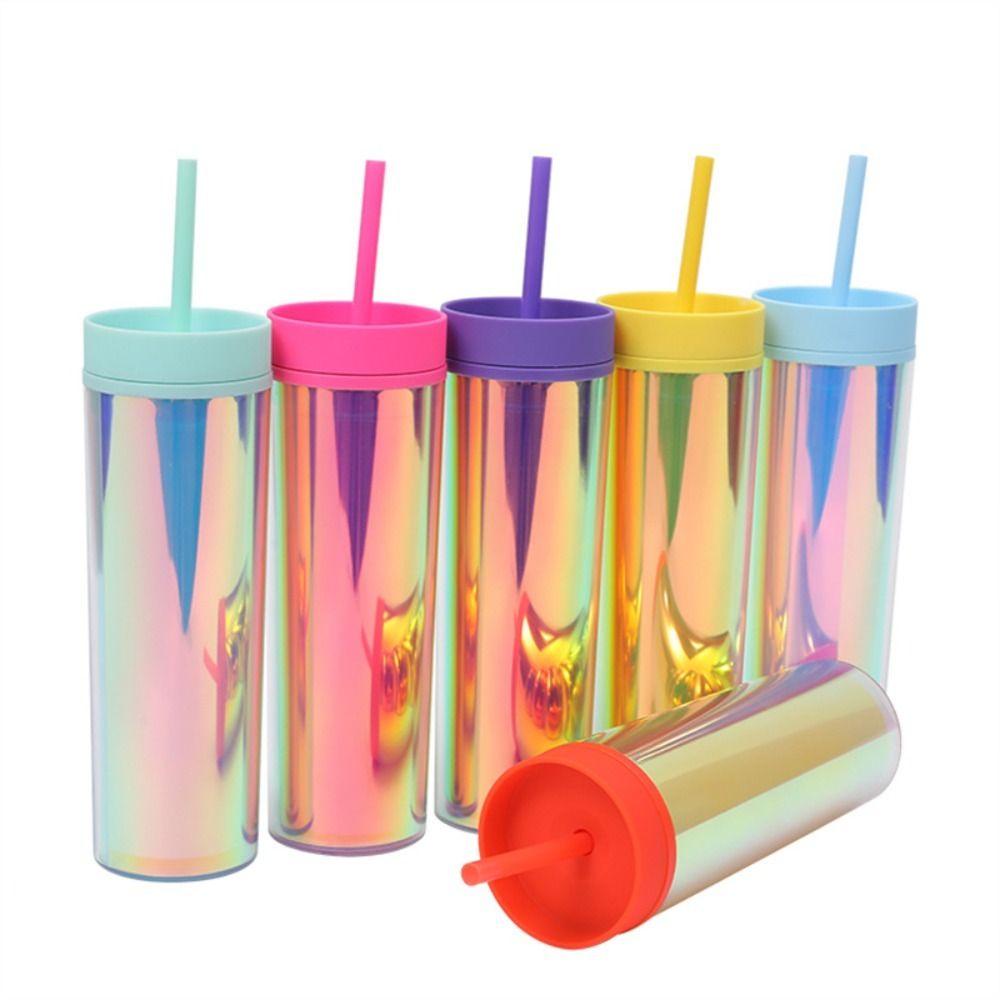 R-FLOWER Cangkir Air 480ml Hadiah Bahan Plastik Double Layer Fashionable Dengan Sedotan
