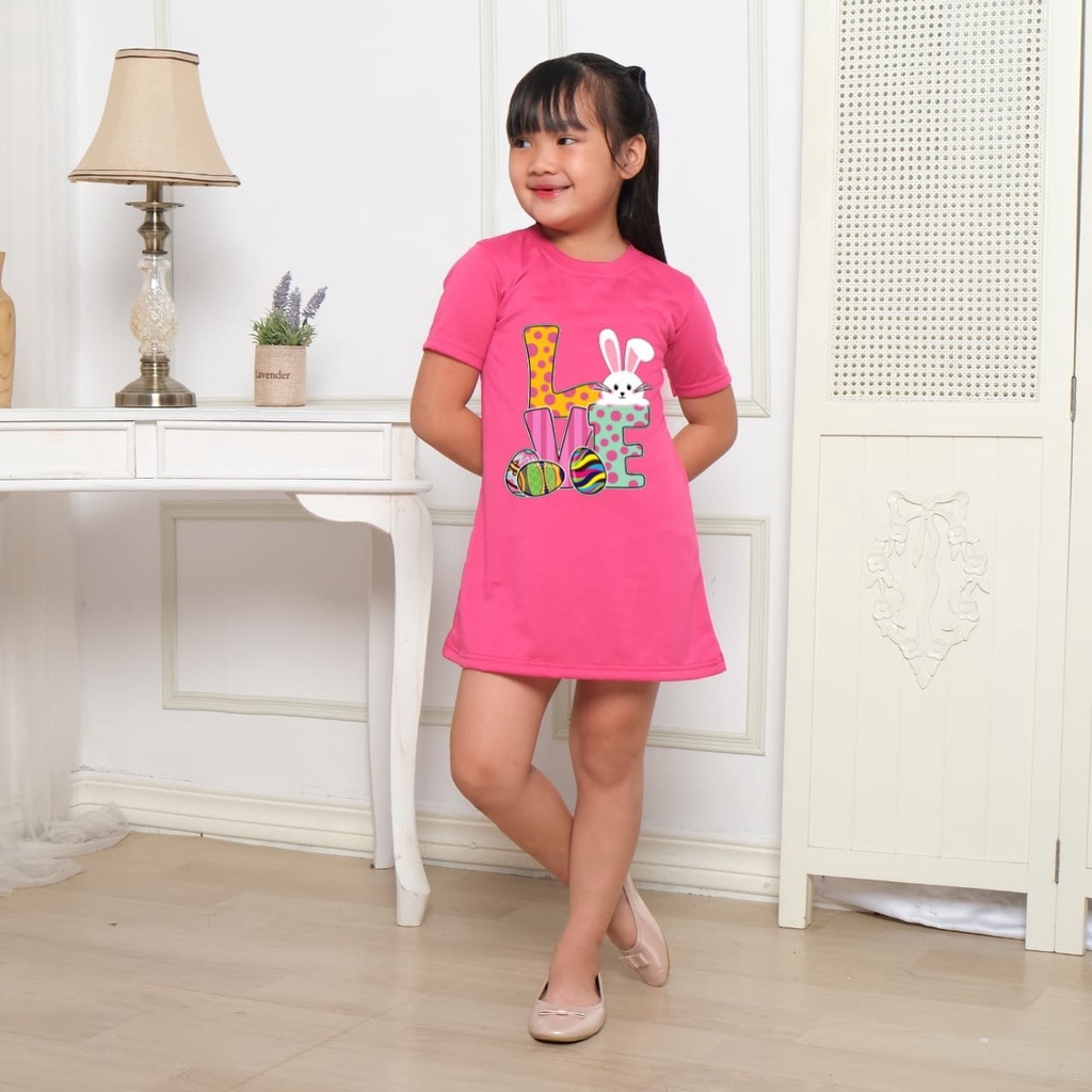 Hzl_outfit Dress For Girl Kids Love Bunny/ Dress Anak Anak Size/ M,L,XL