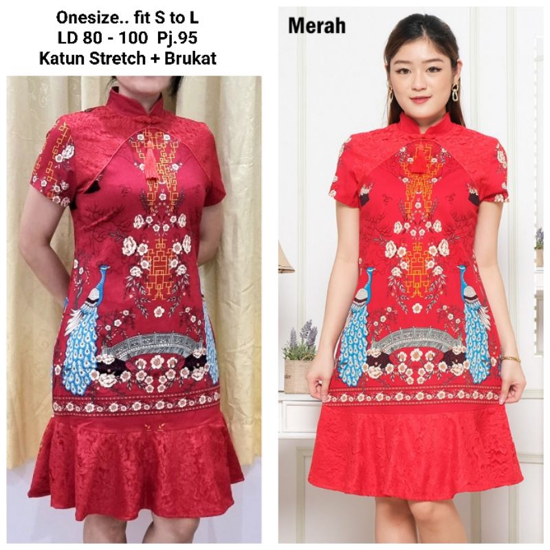 Dress Batik Shanghai / Dress Imlek Batik Modern / Dress Merah