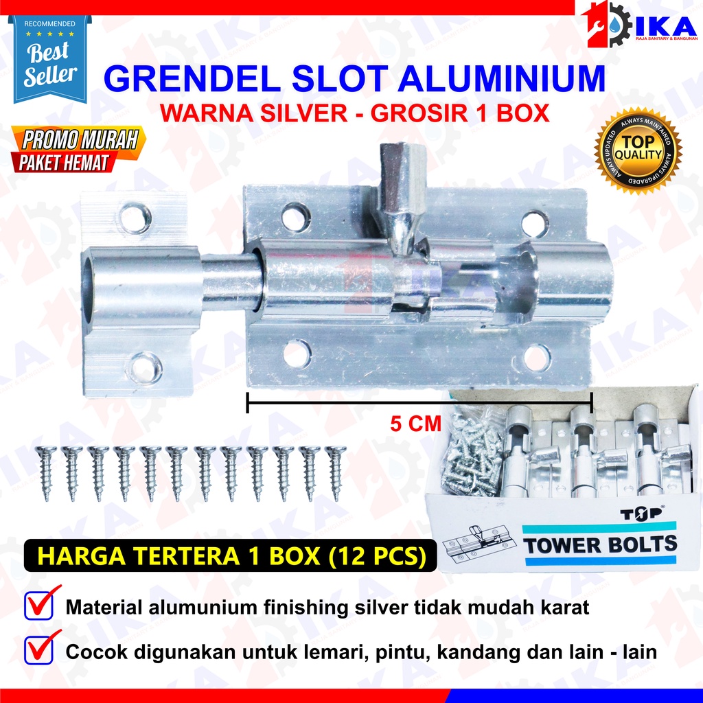 (HRG 1KOTAK ISI 12PCS TDK DIECER) GRENDEL SLOT ALUMUNIUM 2INCH UTK PINTU JENDELA LACI RAK LOKER