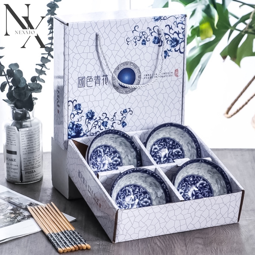 NexXio  Mangkok Set premium / Mangkuk Set Japan bah keramik / hampers Japanese Bowl set mangkok sumpit alat makan / Mangkuk Set Gift / Bahan Keramik Plus Paper Bag dan Sumpit