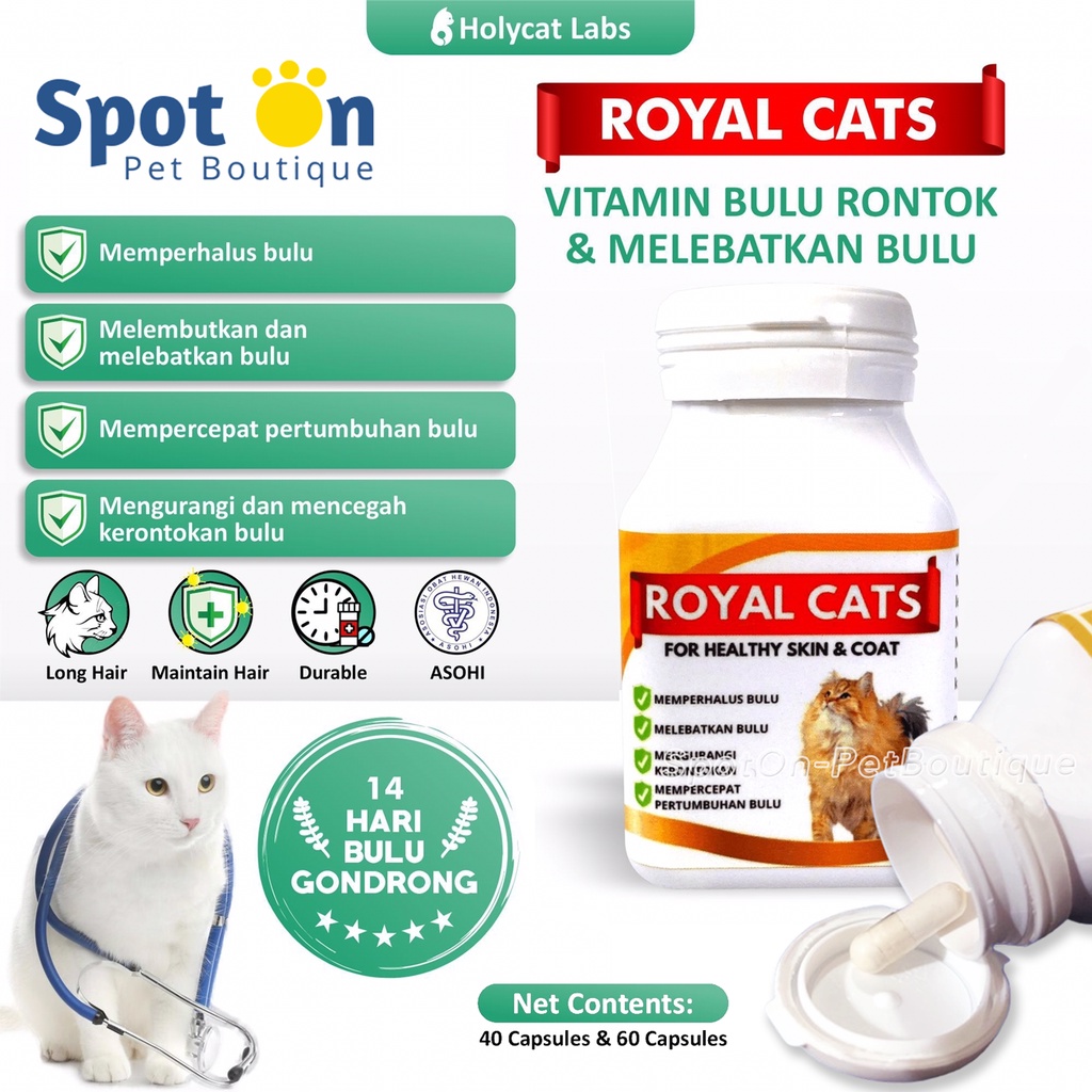 Royal Cats 60 Kapsul, 40 Kapsul, 10 Kapsul | Vitamin Bulu Kucing Healthy Skin and Coat | Mengurangi Kerontokan Menyehatkan Bulu  Lebat Halus Mengkilap Anti Rontok