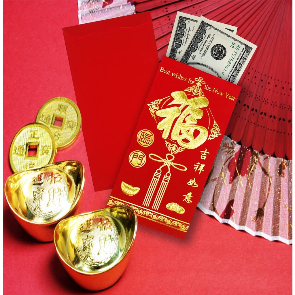 Angpao Hoki 1 Set Isi 6 Pcs Bahan Tebal Embos Emas Ukuran Panjang Netral FU Fuk Hok Merah Hong Bao Chinese Red Envelopes Angpau Imlek Amplop Lunar Envelope Ampau Ampao