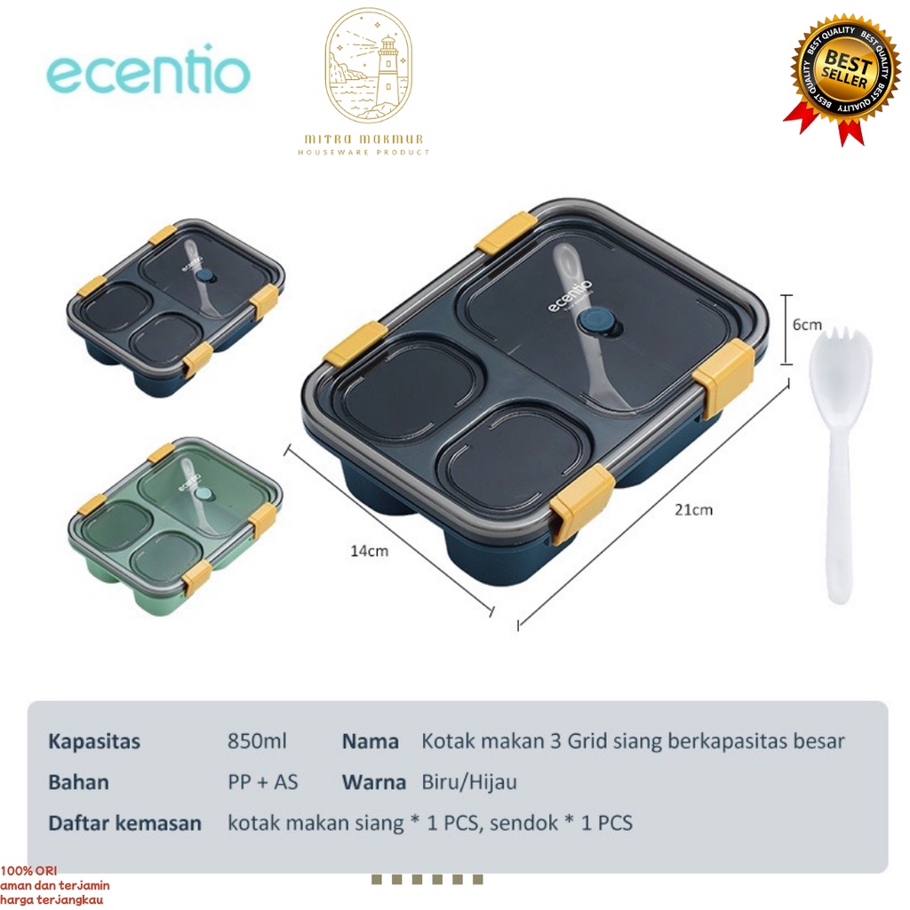 ECENTIO TEMPAT MAKAN KOTAK MAKAN LUNCH BOX 3-4 GRID FREE SENDOK TEMPAT SOUP ANTI BOCOR