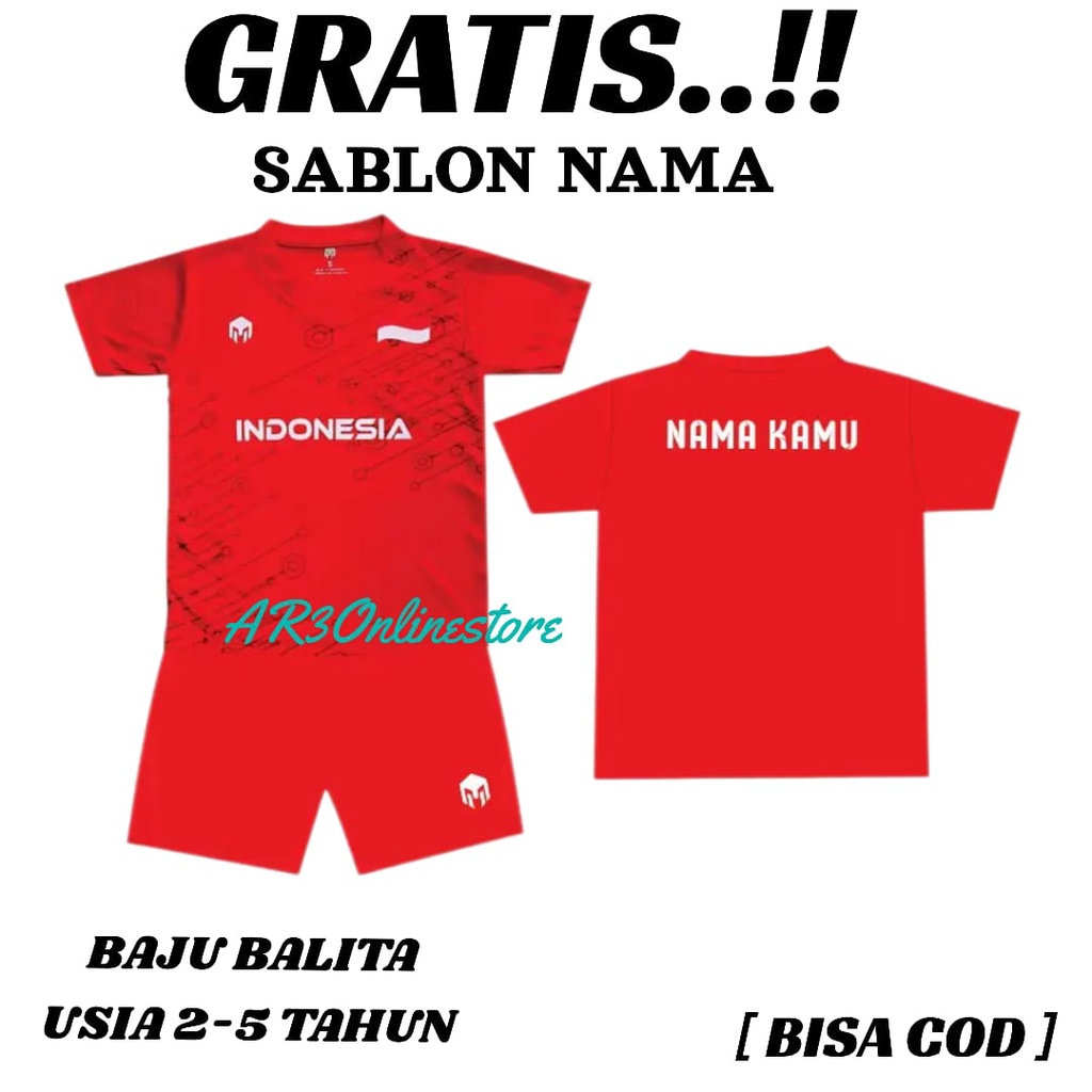 ( FREE SABLON NAMA ) Baju olahraga anak balita kaos bola futsal badminton bulutangkis tenis voli usia TK 2-5 tahun