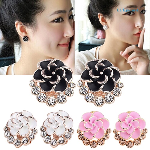 [LS] Wanita Peony Camellia Bunga Berlian Imitasi Alloy Ear Stud Earrings Perhiasan Pesta