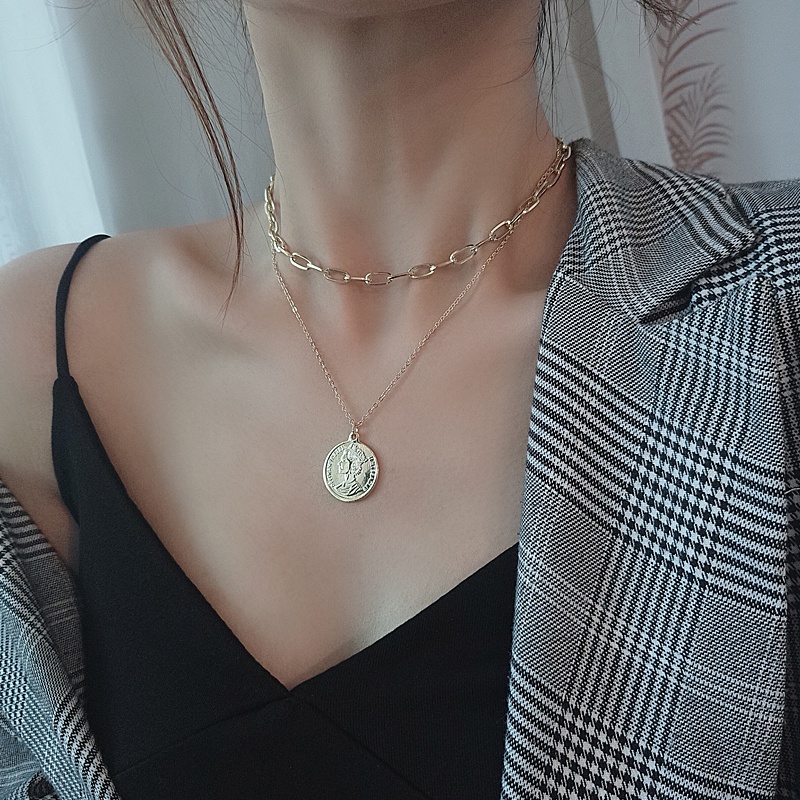 Magic789 Vintage Perak Double Layer Queen Potret Liontin Kalung Untuk Wanita Chic Link Rantai Choker Koin Pesona Kalung Fashion Perhiasan Hadiah