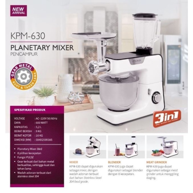 Kirin Planetary Stand Mixer Meat Grinder Blender 3 in 1 KPM 630