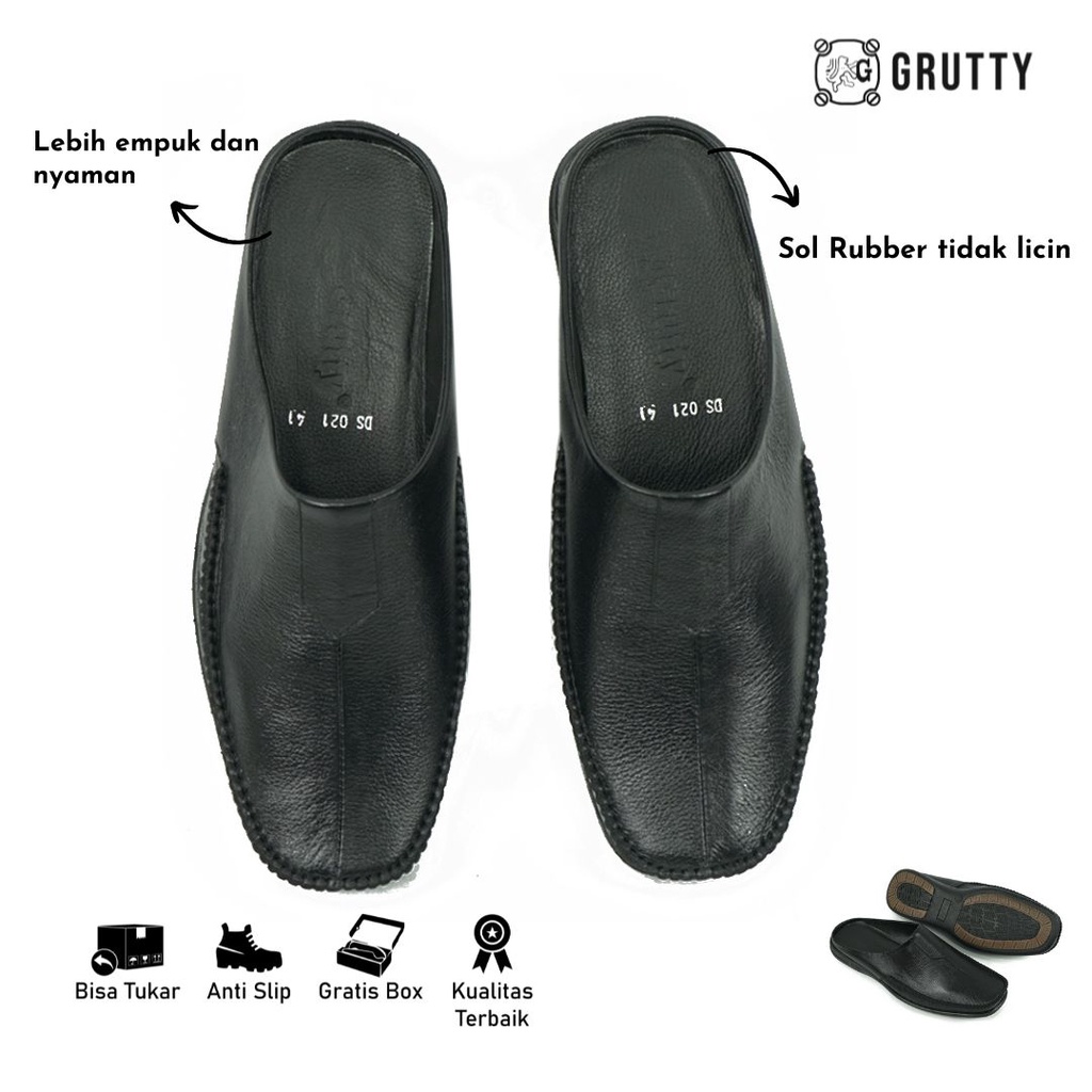 Sepatu Sandal Pria Grutty DC021 Hitam Bustong Pria Sepatu slip on selop Kulit Asli