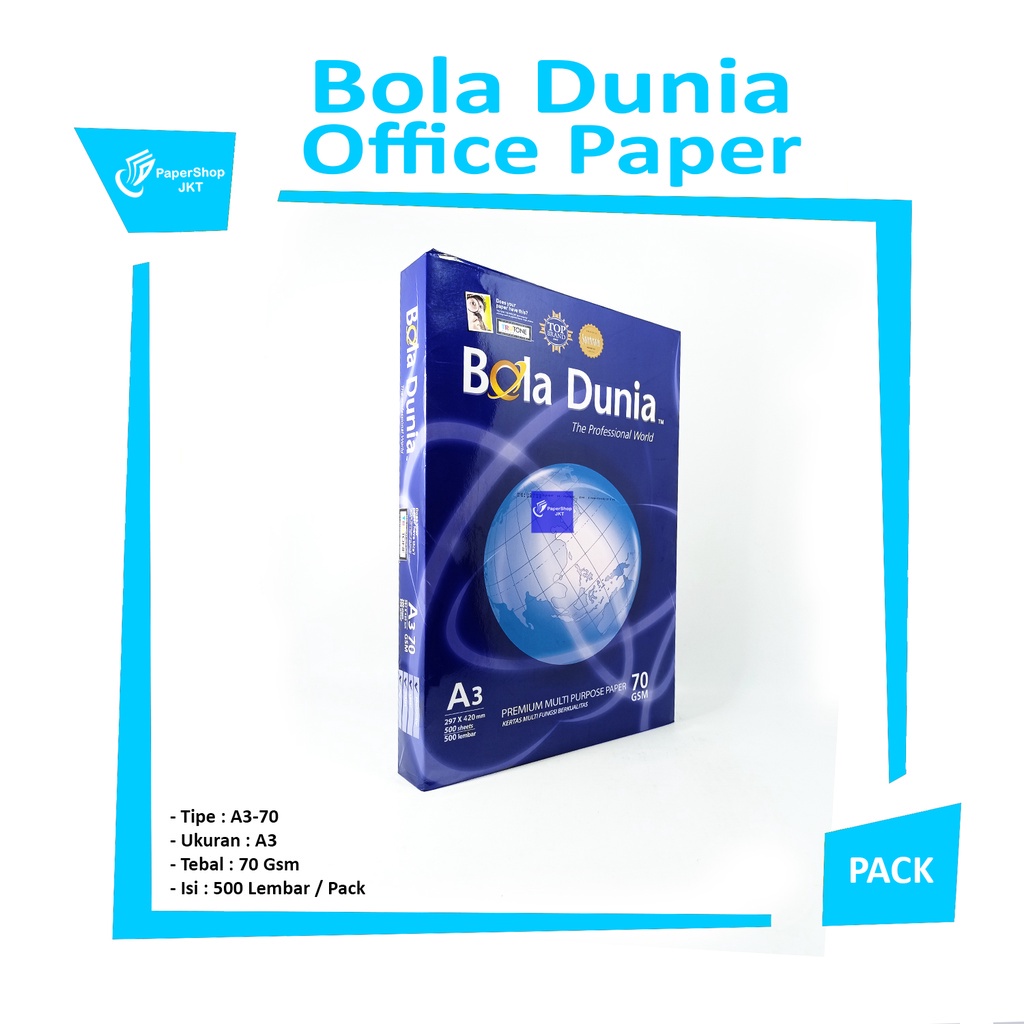 

BOLA DUNIA - A3 70 / 80GSM Kertas Fotocopy Print 1 BOX - Grab - Ngojek