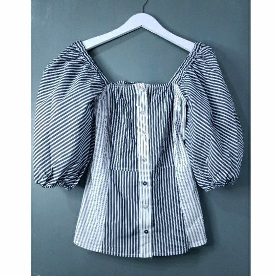 ZARA WOMAN ATASAN SQUARE NECK SALUR TWO TONE TANGAN BALON KOREA ORIGINAL