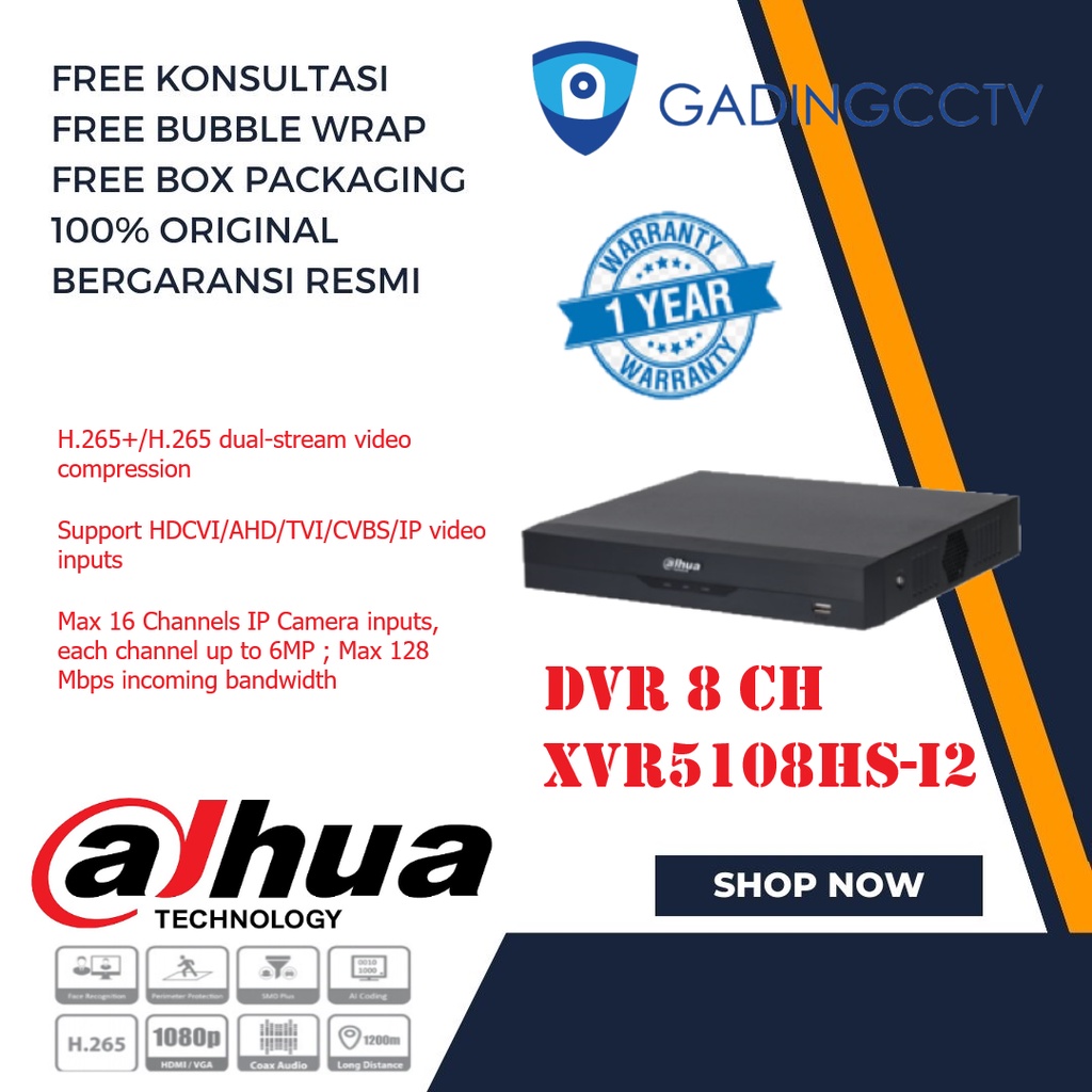 DAHUA DVR KAMERA CCTV 8 Channel Type XVR5108HS-i2 Up to 5MP