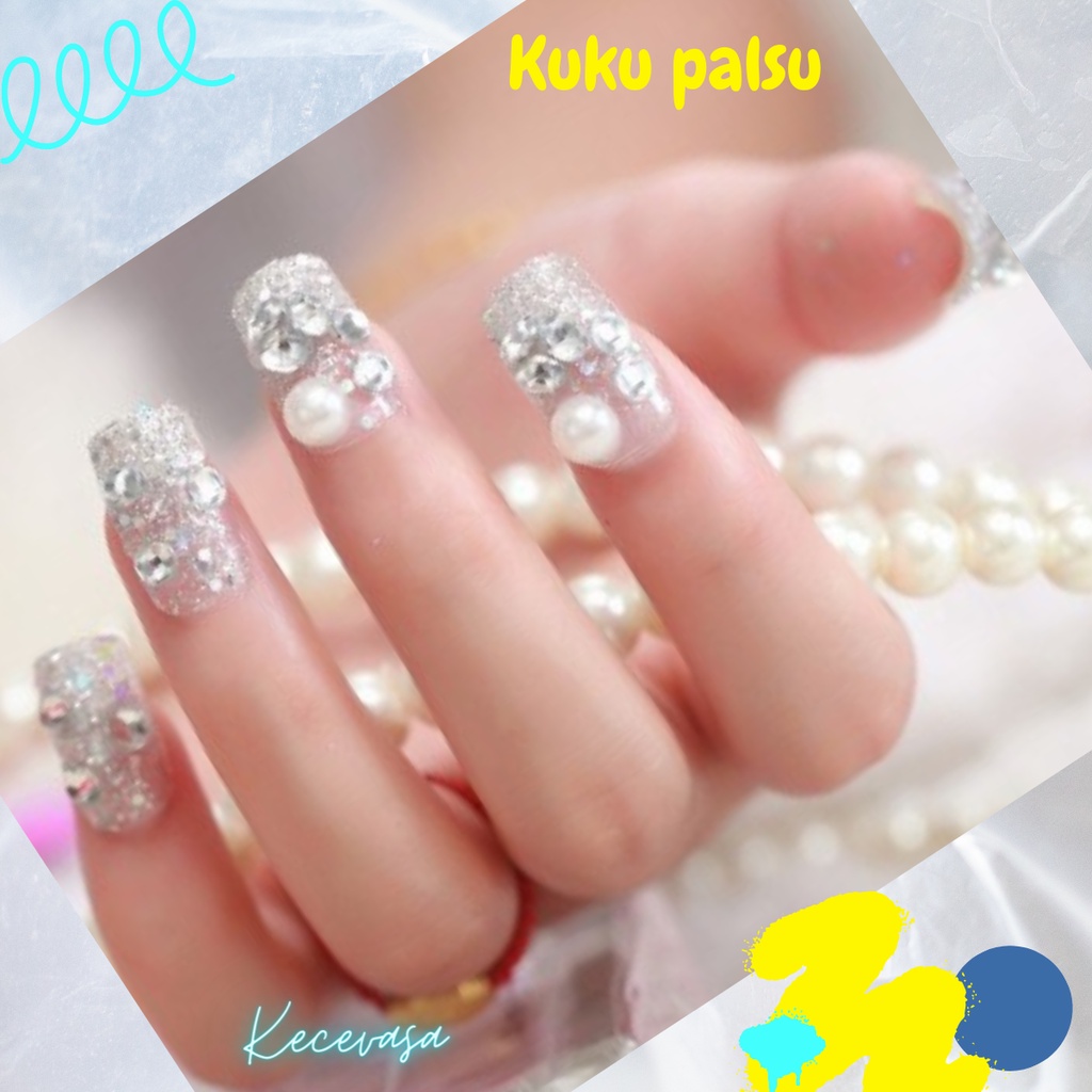 KUKU PALSU + LEM FAKE NAILS WEDDING PENGANTIN PANJANG PENDEK POLOS BENING TEMPEL OVAL ANAK