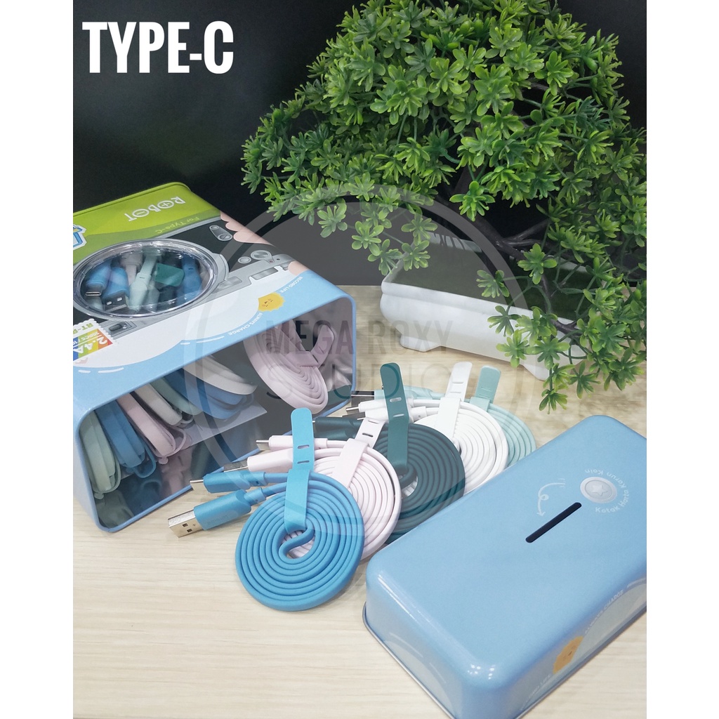 (1 Kaleng isi 30pcs)Robot Data Cable RT-AC100 Colorful USB Kabel Data Fast Charging TYPE-C free toples celengan cantik