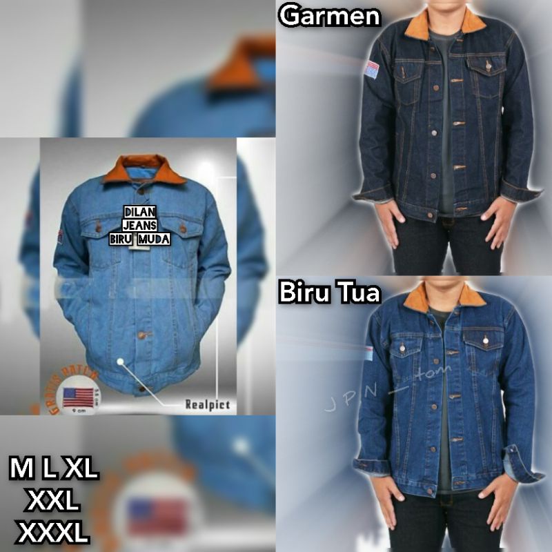 JAKET JEANS DILAN JUMBO BIG SIZE XXL XXXL DENIM JINS POLOS KOMBINASI MIX UKURAN BESAR BIRU MUDA BIO BLITZ NAVY BIO WASH GARMEN DONGKER MOTIF KERAH POLOS MILEA BAHAN TEBAL LEVI S M L XL XXXXL