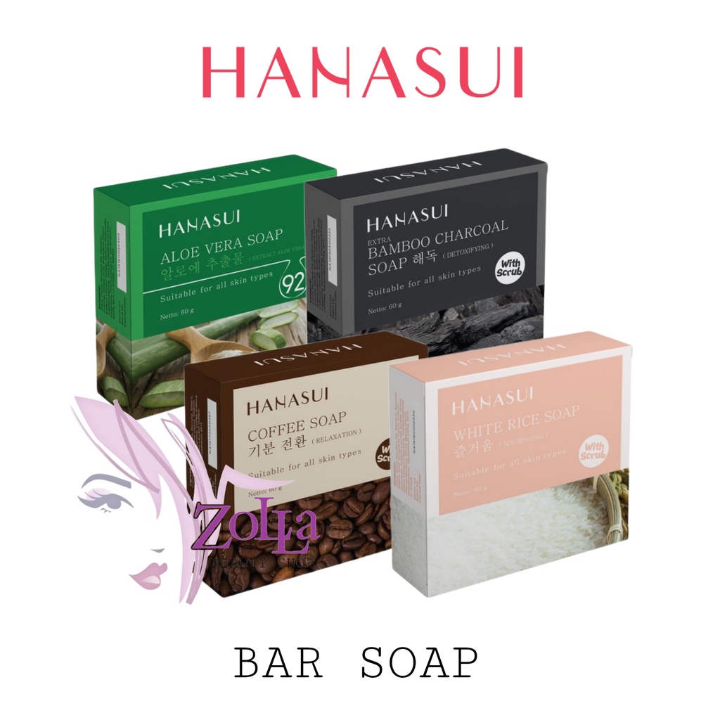 HANASUI BAR SOAP - BPOM - ALOE VERA - BAMBOO CHARCOAL - COFFEE - WHITE RICE - SABUN MANDI HANASUI MURAH