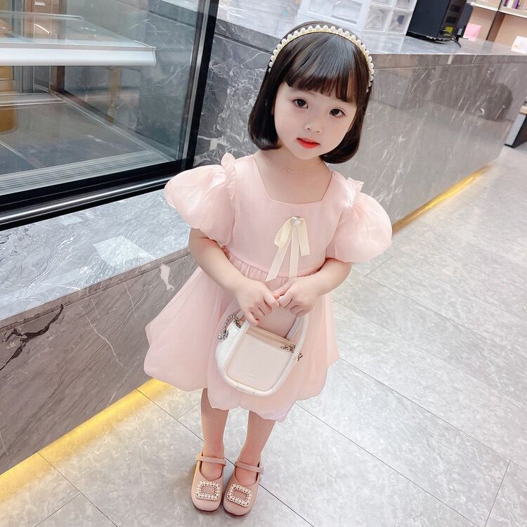 Dress Anak Perempuan Fahion Import - Satin Pink Pita Mutiara Lengan Balon