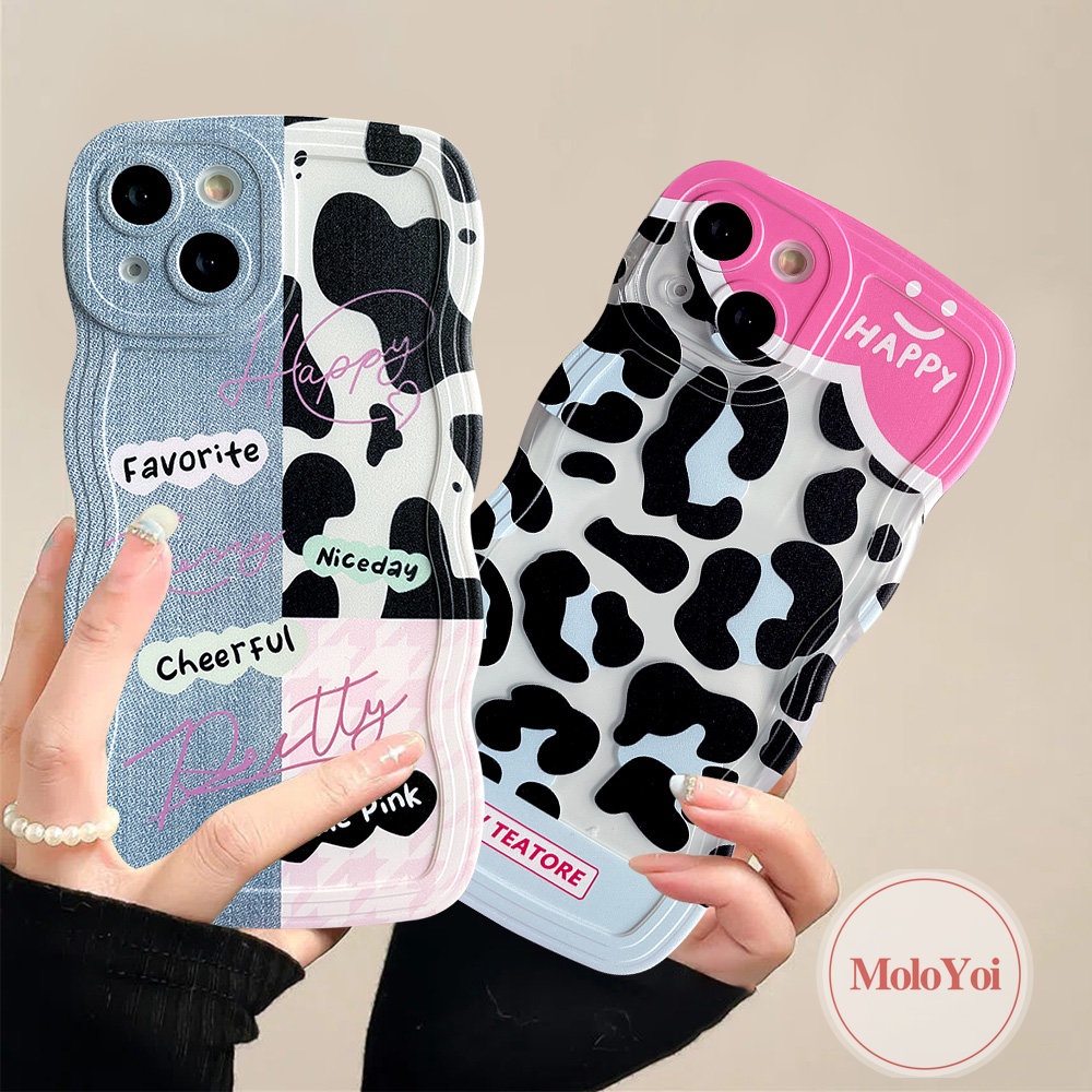 IPHONE Casing Pasangan Tepi Bergelombang Kompatibel Untuk Iphone6 6s 8 7 Plus XR 14 13 12 Pro Max 11 Pro Max 14Plus X XS Max SE 2020motif Denim Splicing Motif Sapi Leopard Lembut TPU Penutup Belakang