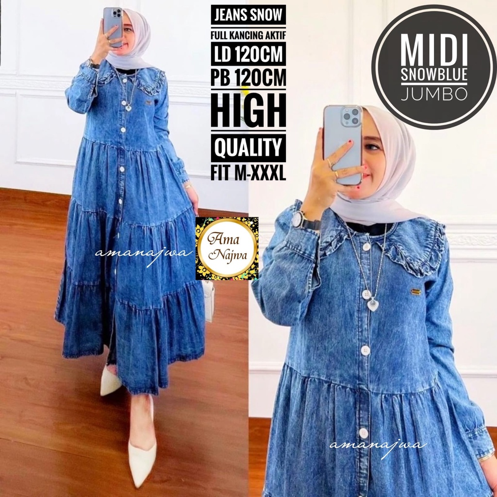 Midi Dress Jeans Jumbo - Kiara Baju Gamis Susun Busui Denim Quality Premium