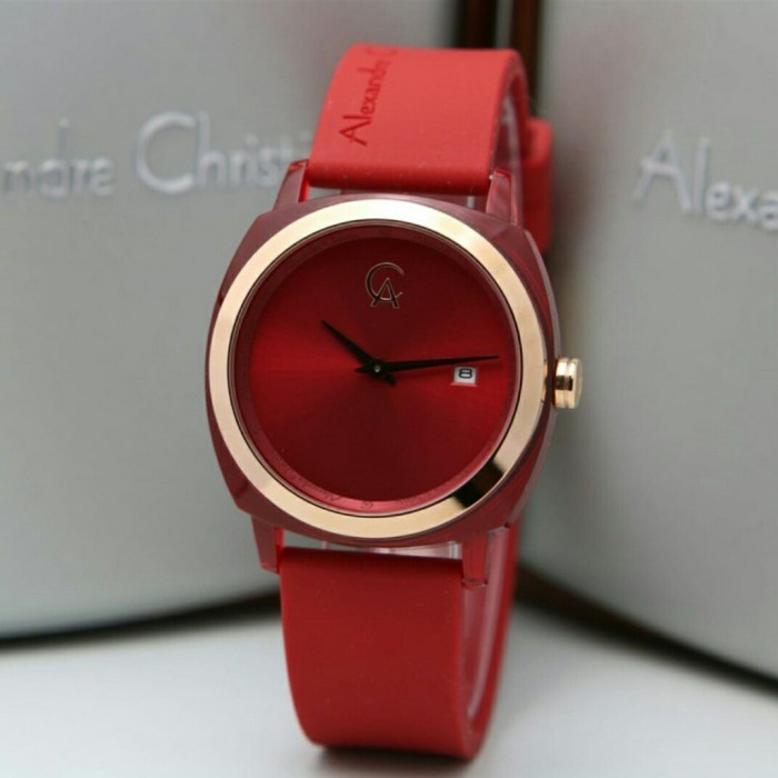 JAM TANGAN WANITA ALEXANDRE CHRISTIE AC 2763 ROSEGOLD FULL RED RUBBER ORIGINAL GARANSI 1 TAHUN
