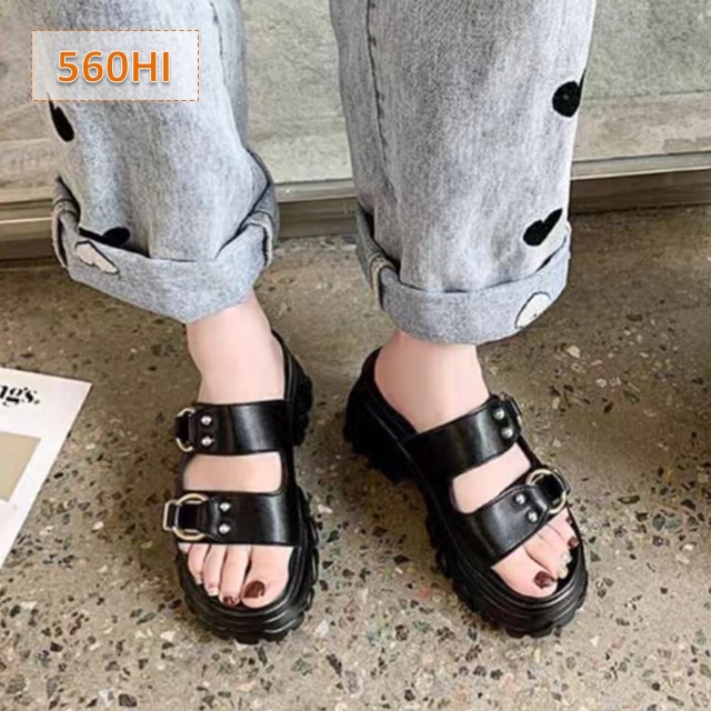 Sandal Wanita Selop Kokop Double Gesper Hitam Hijau Putih Tan (560)