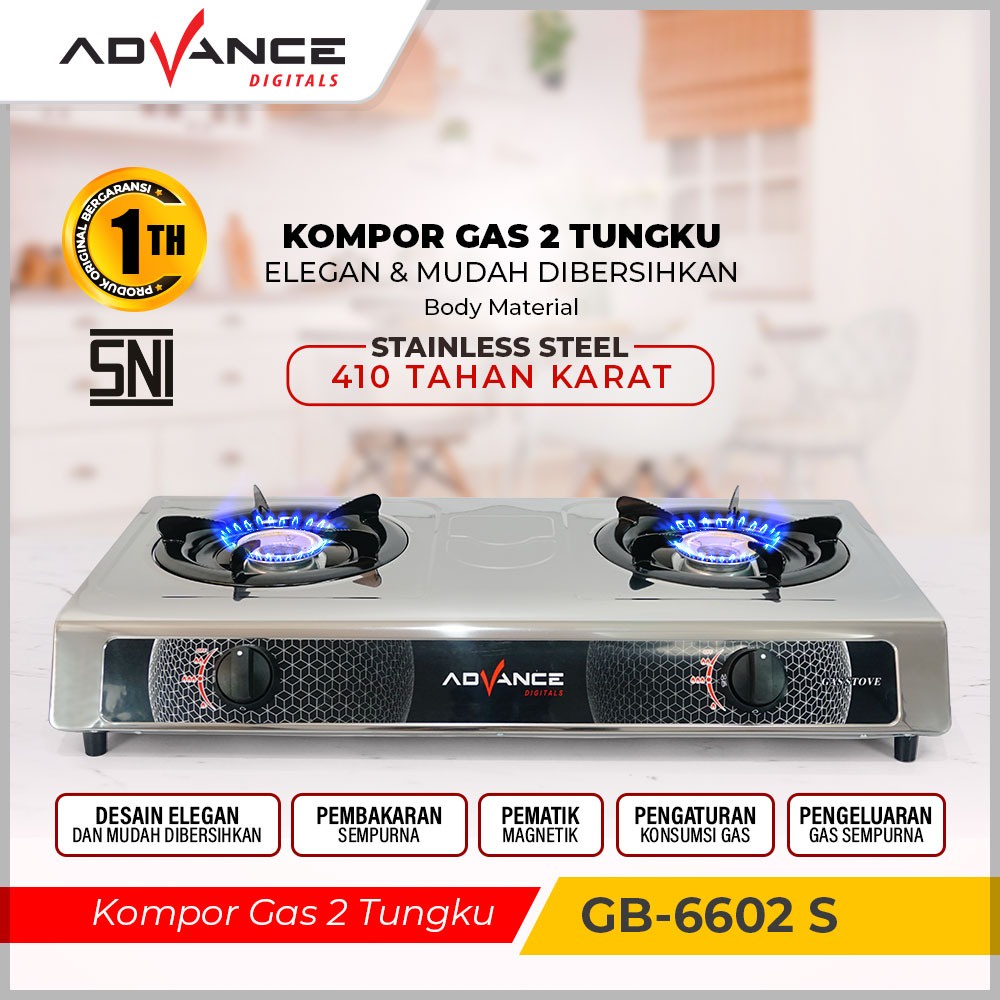 KOMPOR GAS ADVANCE GB-6602 S KOMPOR GAS 2 TUNGKU / KOMPOR 2 TUNGKU / KOMPOR 2 TUNGKU MURAH / KOMPOR GAS 2 TUNGKU MURAH | Kompor Gas 2 Tungku Body Stainless Steel 410 Tahan Karat ADVANCE GB-6602S | FMS