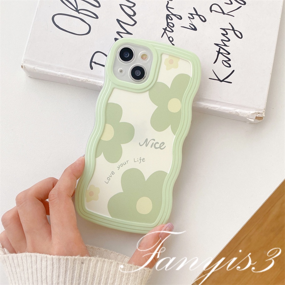 Redmi 12C A1 10C 10A 10 9 9A 9C 9T Note 11 Pro+ 11s 11 10s 10 9s 9 8 Pro Poco X4Pro X3 Pro X3NFC M4 Mi 11 Lite 10TPro Ins Green Floret Flowers Wave Frame Phone Case TPU Soft Cover