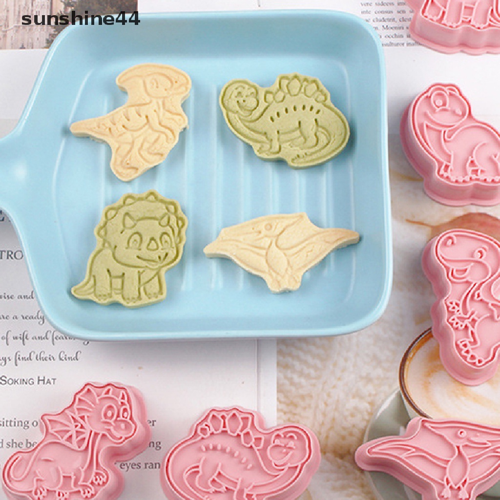 Sunshine 8Pcs/Set Kartun Dinosaurus Cookie Cutters Cetakan Biskuit 3D Plastik Pressable.