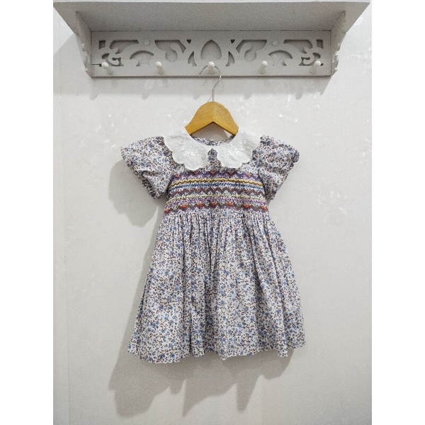 Preloved Lace collar shirred cotton dress / smocked dress next