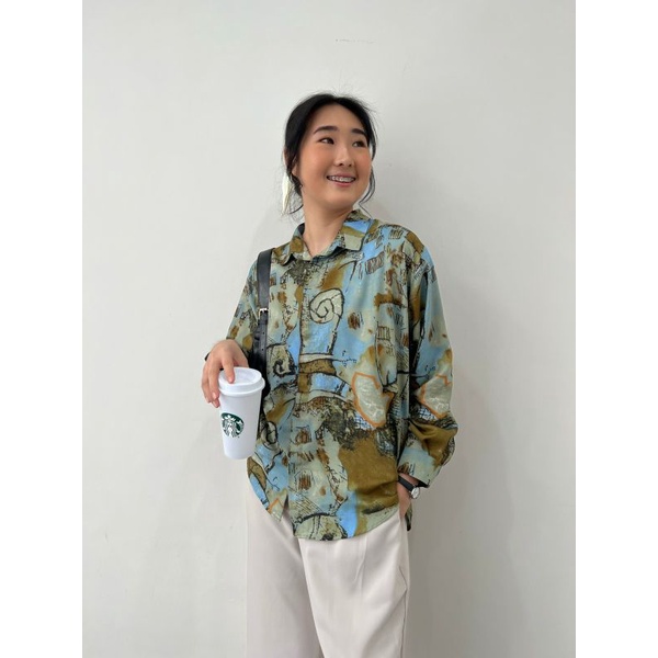 (SALE 7.7) Pattern Oversized Shirt - Vintage Russian Green