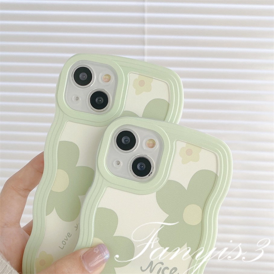 Compatible For iPhone 14 13 12 11 Pro Max X XR Xs Max 8 7 6 6s Plus SE 2020 Kompatibel Untuk Ins Green Floret Flowers Wave Frame Phone Case TPU Soft Cover