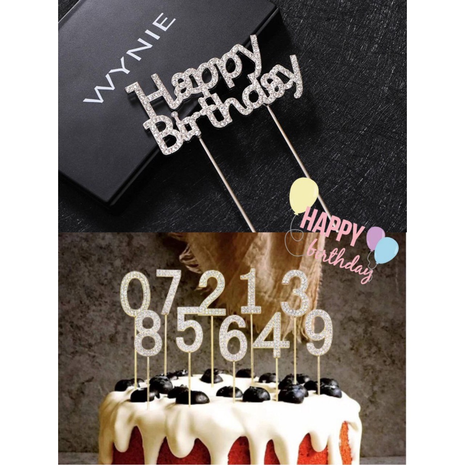 CAKE TOPPER UCAPAN HAPPY BIRTHDAY DIAMOND DAN ANGKA 0-9 BAHAN BESI SILVER PERMATA  DEKORASI CAKE ANN