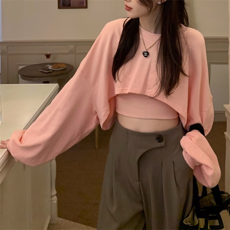 ❍♗☄Sweter pakaian wanita musim gugur pendek pullover longgar lengan panjang jaket suspender dengan bottoming kemeja merah muda atasan dua potong