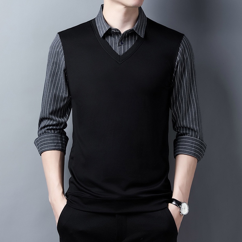 Palsu Dua Kerah Polo Pria Top    2022  Tren Pria Kemeja Kerah Kemeja kaos Lengan Panjang