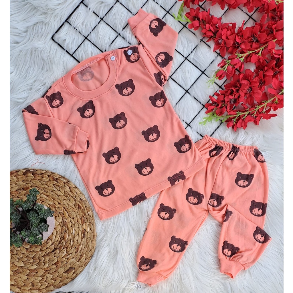 BAJU bayi lucu murah motif kepala beruang madu set PANJANG 3-18 bulan