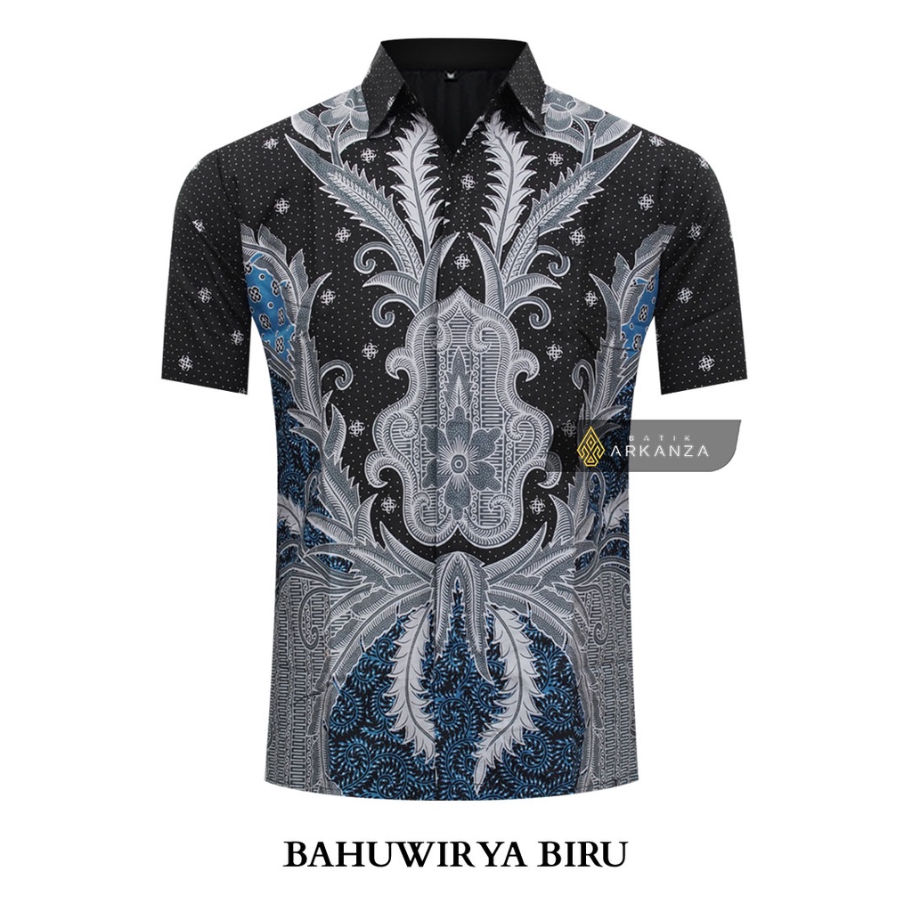 BATIK ARKANZA Motif BAHUWIRYA BIRU Hem Atasan Kemeja Baju Batik Pria Cowok Laki Laki Slimfit Full Lapis Furing Lengan Panjang Lengan Pendek Original Asli