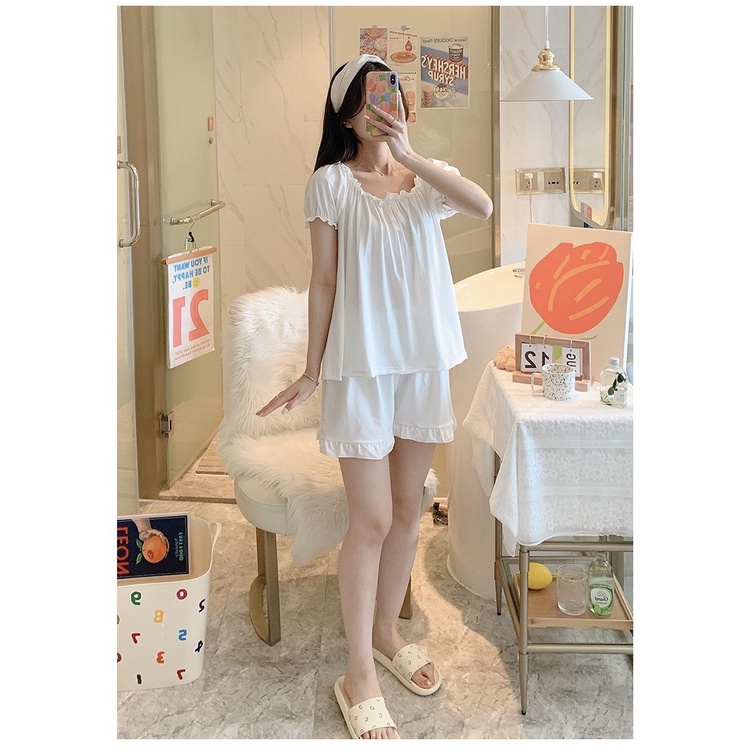 Piyama Set Wanita Dewasa Setelan Baju Tidur Cute Lengan Pendek Celana Pendek Import French Putih Susu