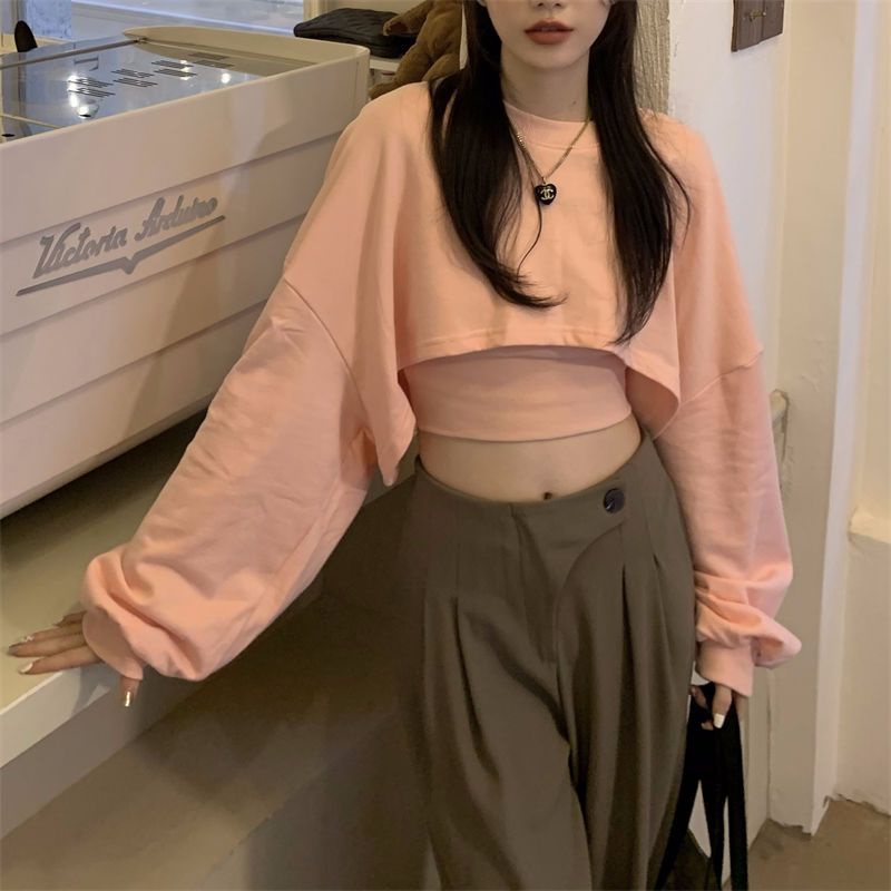 ❍♗☄Sweter pakaian wanita musim gugur pendek pullover longgar lengan panjang jaket suspender dengan bottoming kemeja merah muda atasan dua potong