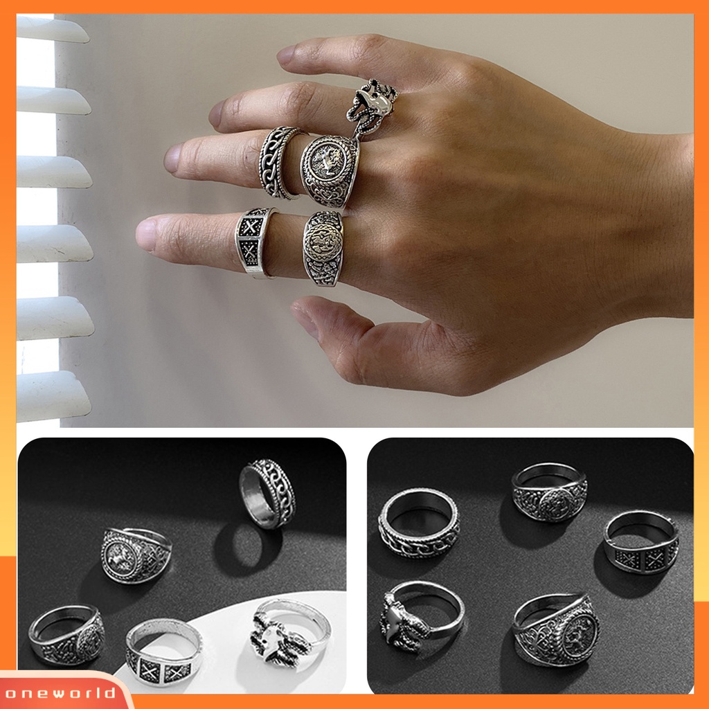 [ONWL] 5pcs/set Cincin Buku Jari Pola Halus Geometris Mewah Retro Electroplating Dekorasi Perhiasan Pria Vintage Gothic Knuckle Joint Rings Untuk Pesta